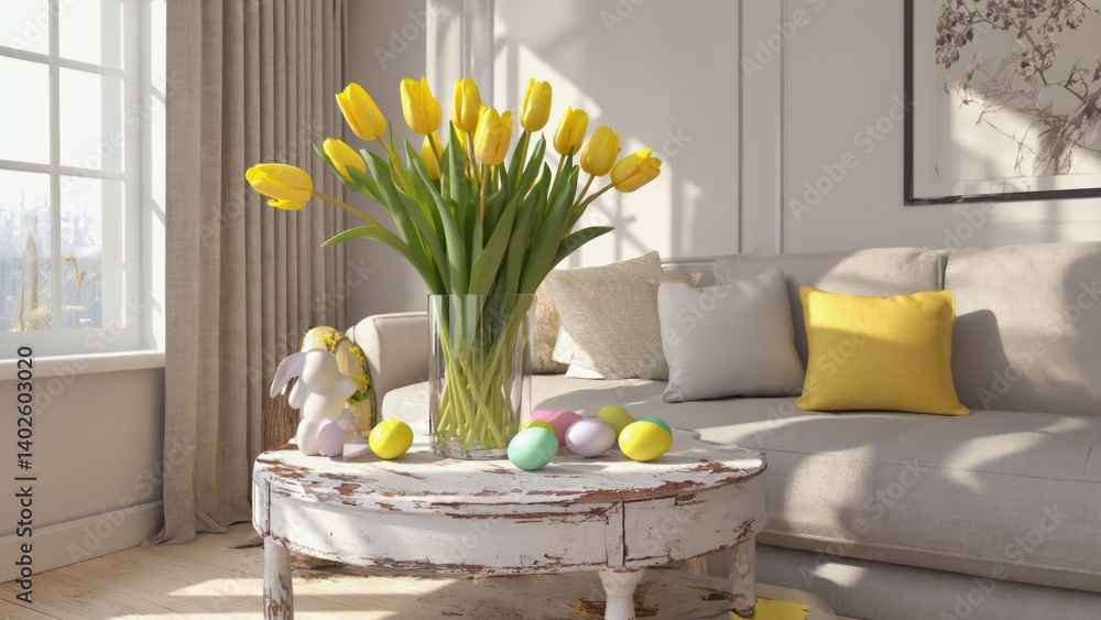 Vibrant yellow tulips, white furniture, sunny window and cozy decor in a modern living room
