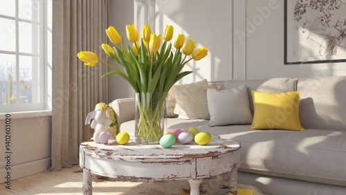 Obraz na płótnie Vibrant yellow tulips, white furniture, sunny window and cozy decor in a modern living room w salonie