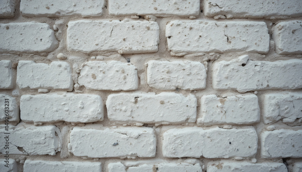 Close-up of worn, weathered, and slightly faded white brick wall with visible mortar lines and rough texture, showcasing subtle sheen from years of exposure to the elements
