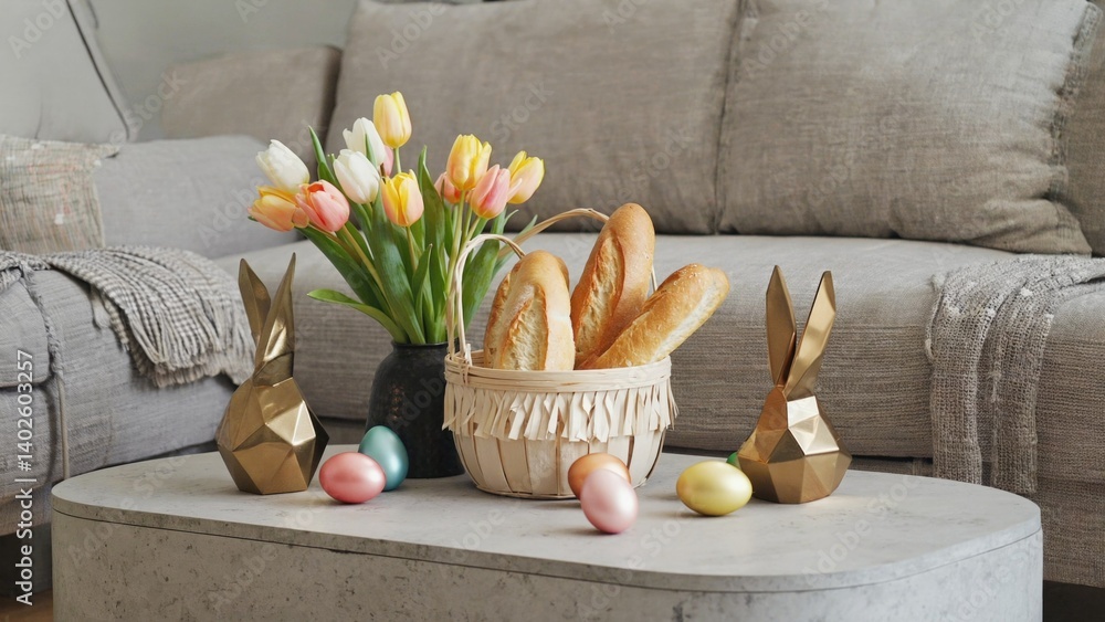 A festive scene with Easter decorations including flowers, baskets, eggs, and cute bunny figures.