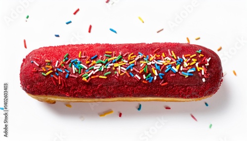 Long John Red Velvet Donut with Rainbow Sprinkles on White Background Isolated