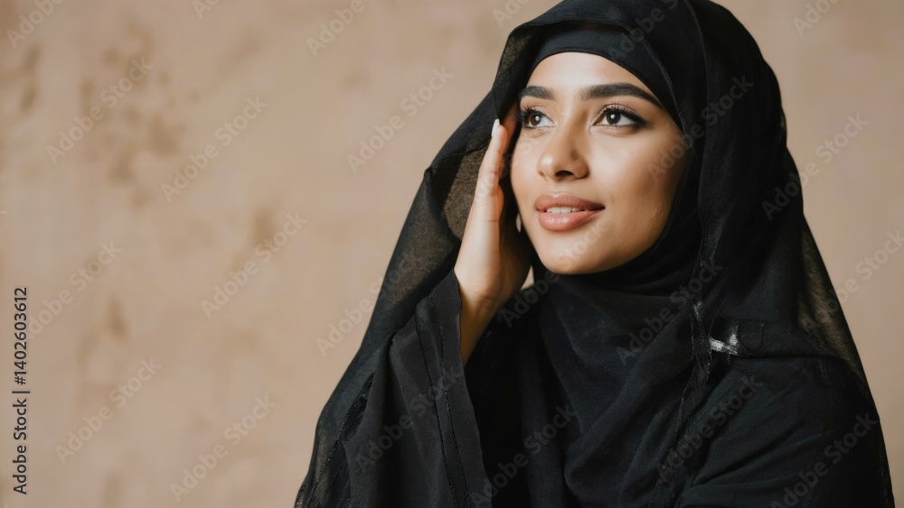A portrait of a young woman wearing a hijab, depicting modest Islamic attire.