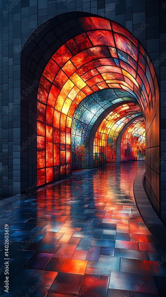 Fototapeta premium Colorful stained glass corridor phone wallpaper with vibrant reflections and modern architecture