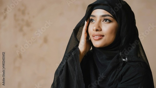 Obraz na płótnie A portrait of a young woman wearing a hijab, depicting modest Islamic attire. w salonie