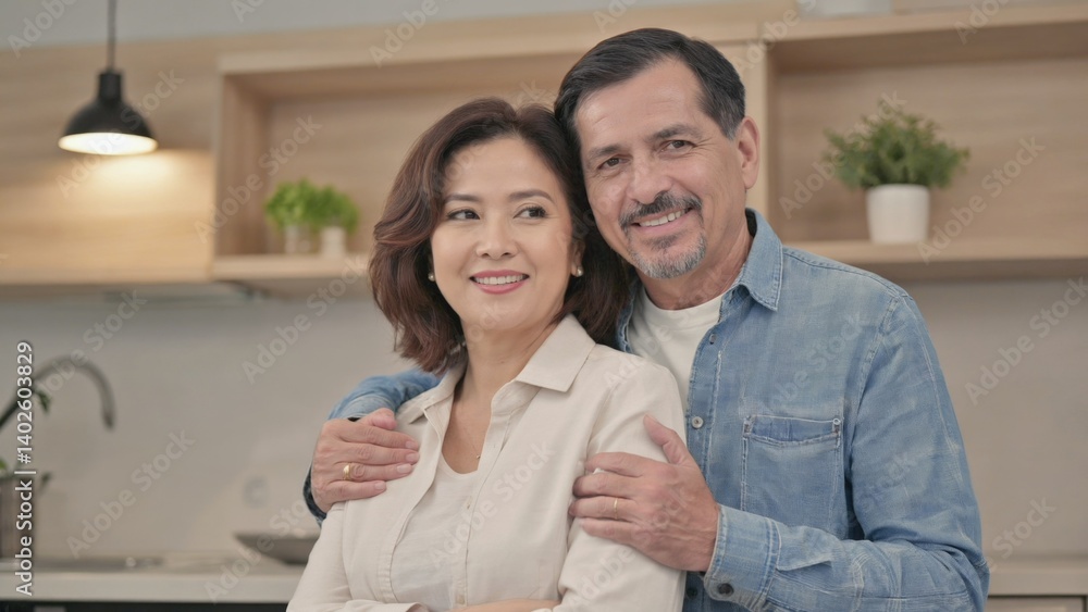 A man and woman, possibly a couple, share an affectionate hug in a well-lit kitchen. Their smiles suggest love or closeness.
