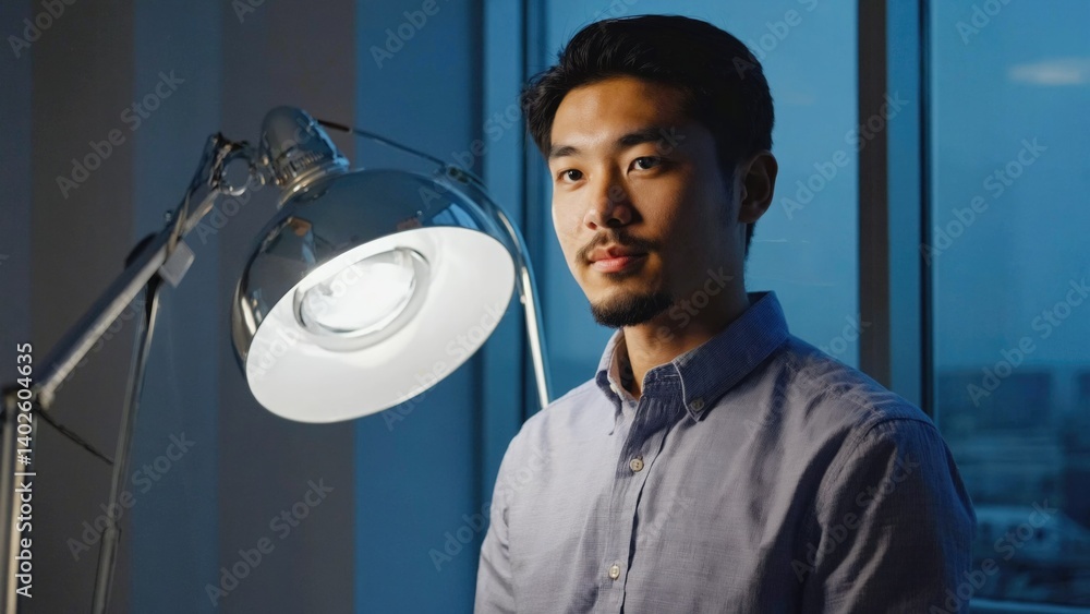 A professional male sitting at a desk with a computer, looking into the camera. His office is well-lit and modern.