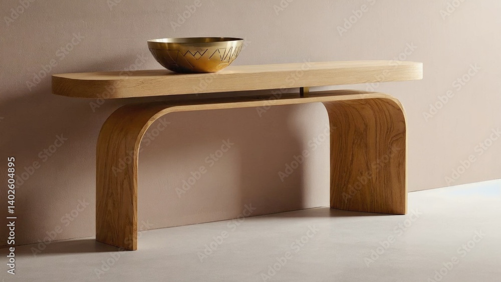 A modern wooden table with a distinctive, textured top and sleek lines, complemented by a brass-finish bowl.
