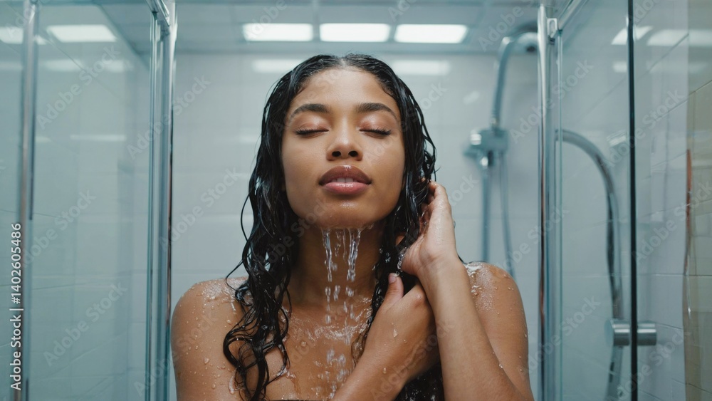 Woman taking a shower, rinsing her hair. Personal care and hygiene theme.