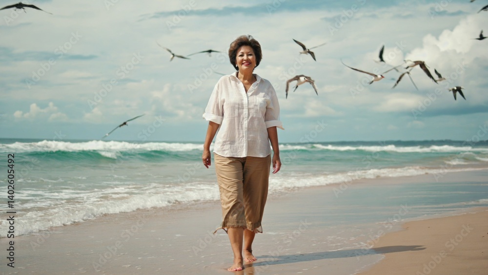A woman enjoys a peaceful beach scene with seagulls flying overhead.