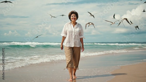Obraz na płótnie A woman enjoys a peaceful beach scene with seagulls flying overhead. w salonie