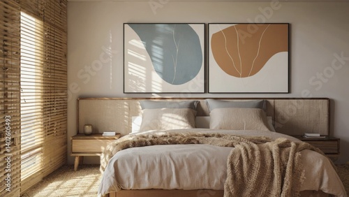Bright and clean bedroom interior with large windows letting in natural light, showcasing a contemporary design with wooden walls and bamboo blinds.
