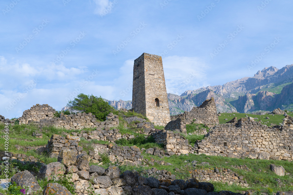 Ruins of the ancient Ossetian settlement of Tsmiti on a sunny June morning. North Ossetia - Alania, Russian Federation