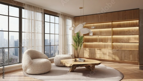 Obraz na płótnie This living room features stylish modern furniture and ample natural light from large windows that offer a stunning city view. w salonie