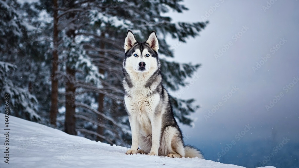 Majestic Alaskan Malamute on snowy ledge, misty forest background