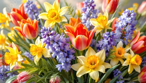Vibrant Spring Flower Bouquet Tulips Daffodils Hyacinths