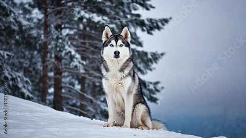 Obraz na płótnie Majestic Alaskan Malamute on snowy ledge, misty forest background w salonie