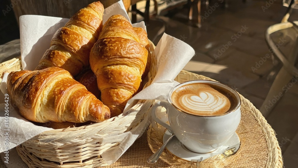 Flaky croissants, a warm cup of coffee, and a simple table setting for a morning break or afternoon snack.