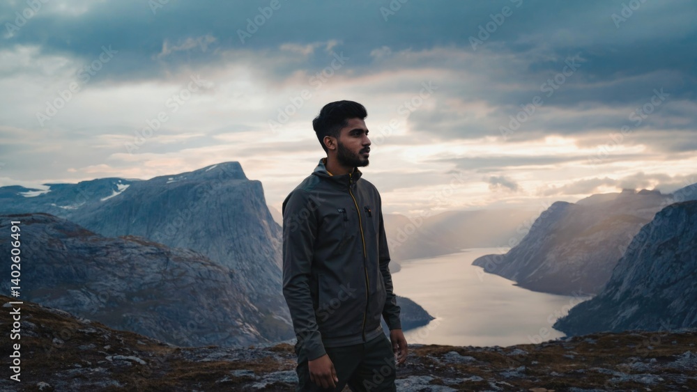A man in a hoodie standing on the edge of a mountain looking over a serene lake, with clouds adding to the dramatic scenery.