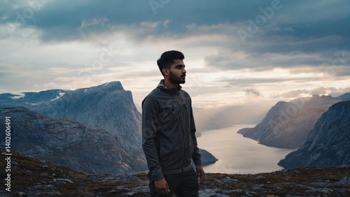 Obraz na płótnie A man in a hoodie standing on the edge of a mountain looking over a serene lake, with clouds adding to the dramatic scenery. w salonie