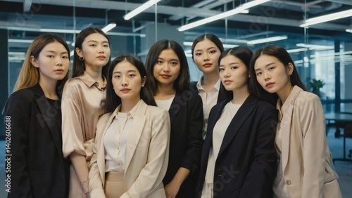 Obraz na płótnie Group of confident young women in business attire posing together in a modern office space. w salonie
