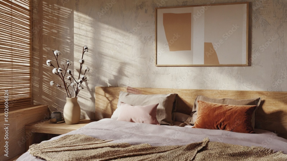 This image depicts a modern, minimalist bedroom.