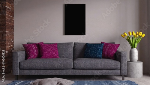 Obraz na płótnie The image depicts a contemporary living room setting featuring a gray couch adorned with colorful pillows w salonie