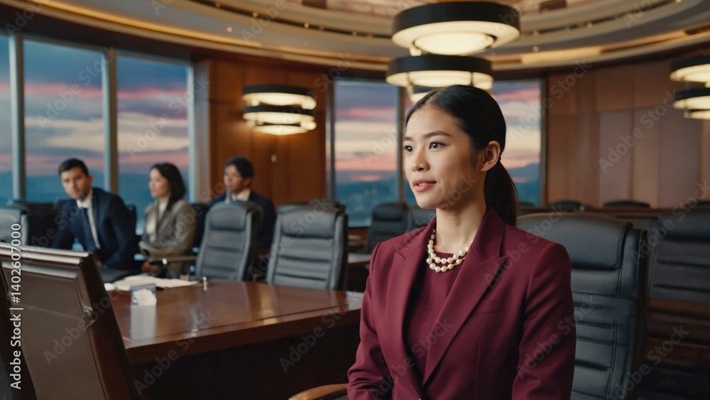 Businesswoman sitting in a meeting, waiting for her turn to speak.