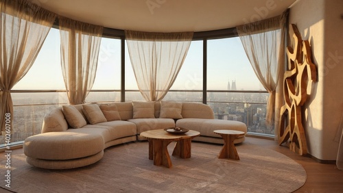 Obraz na płótnie This is a modern living room with a curved wall featuring floor-to-ceiling windows. The seating area includes a contemporary sofa and ottoman, complemented by sleek furniture pieces. w salonie