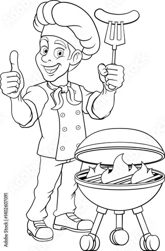 A chef cartoon barbecue cook out brazier cook man. Giving a thumbs up and holding a hotdog or grilled sausage on a BBQ fork mascot character illustration.