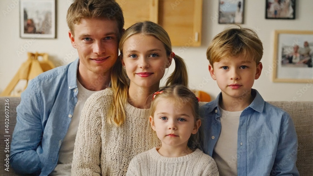 Family of four with a child looking at the camera. A cozy home setting in Norway.