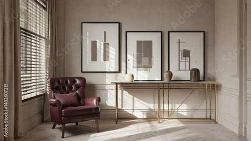Obraz na płótnie This is a stylish and modern living room with contemporary decor, featuring a cozy couch and chair in a well-lit space. w salonie