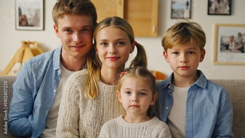 Family of four with a child looking at the camera. A cozy home setting in Norway.