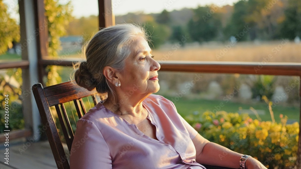 An older woman relaxing on a porch chair during sunset, enjoying the peace and quiet of her surroundings.