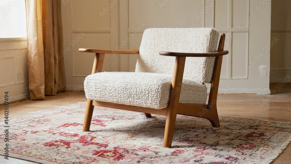 Wooden and fabric armchair on patterned rug, warm lighting, cozy atmosphere.