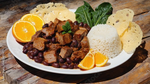 Delicious meal on plate with beans, meat, and fruit