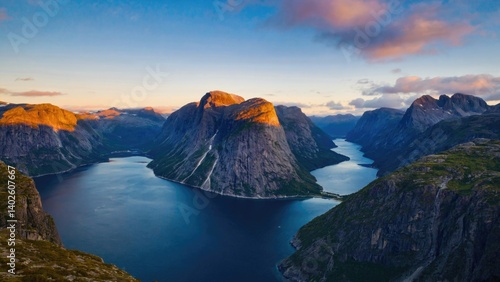 Obraz na płótnie Landscape image with waterfall, fjord, and mountain in silhouette during sunset. w salonie
