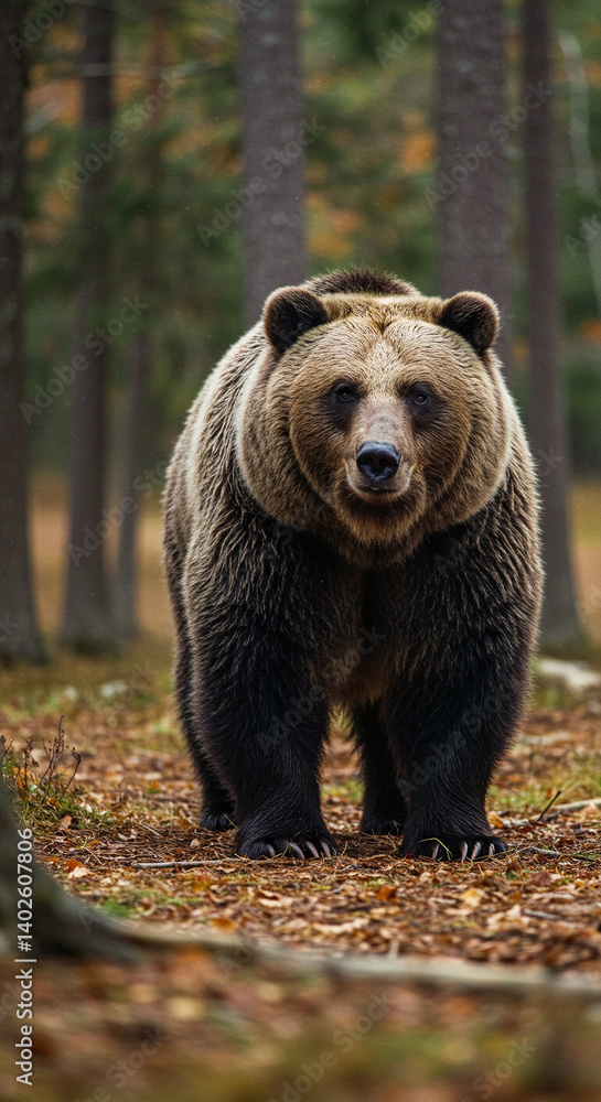 Fototapeta premium Grizzly Bear standing tall in a green forest, looking directly at the camera, front view. Imposing wildlife nature mobile background.