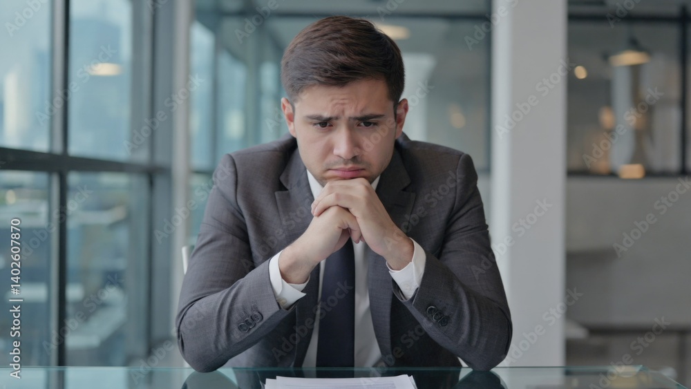 Stressed young man in a suit looking down, hands clasped together.