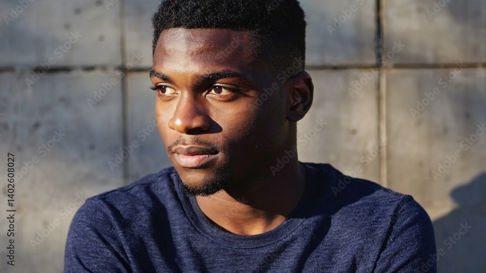 Young man in casual attire, contemplating with a look of thoughtfulness.