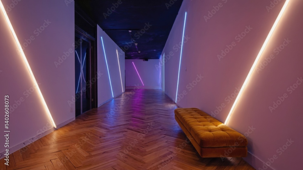 A modern minimalistic interior with an abstract lighting design and clean lines. Muted tones create a contemporary trendy atmosphere.