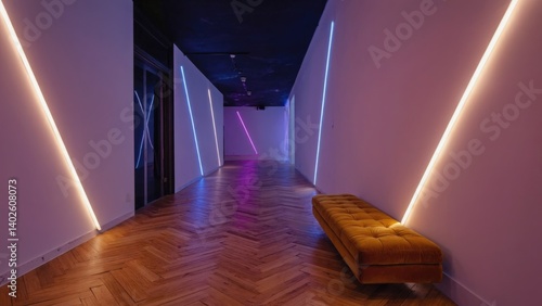 Obraz na płótnie A modern minimalistic interior with an abstract lighting design and clean lines. Muted tones create a contemporary trendy atmosphere. w salonie