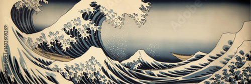 ancient traditional japanese woodblock print of The Great Wave off Kanagawa