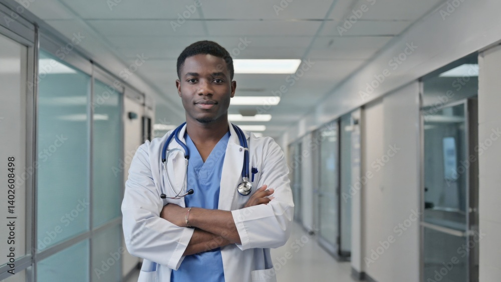 Physician posing in hospital corridor with stethoscope around neck, wearing white medical coat and standing confidently.