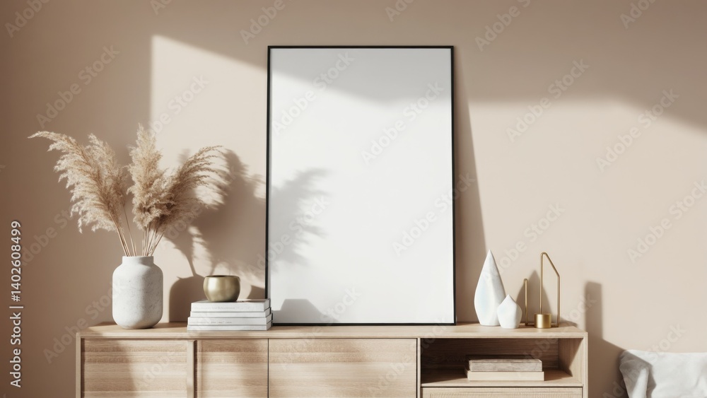 A modern minimalist bedroom with white walls and wooden drawers. Natural light from a window illuminates the space, highlighting simple decorative elements like a mirror on the wall.