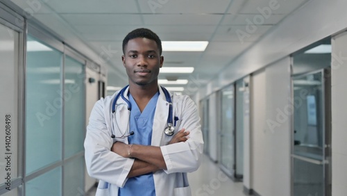 Obraz na płótnie Physician posing in hospital corridor with stethoscope around neck, wearing white medical coat and standing confidently. w salonie