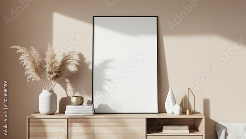 A modern minimalist bedroom with white walls and wooden drawers. Natural light from a window illuminates the space, highlighting simple decorative elements like a mirror on the wall.