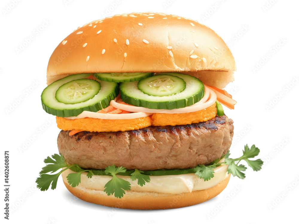 Banh Mi Burger A beef patty topped with pickled vegetables, fresh cilantro, cucumber slices, and a spicy sriracha mayo, all Banh Mi Burger A beef patty topped with pickled vegetables, fresh cilantro, cucumber slices, and a spicy sriracha mayo, all