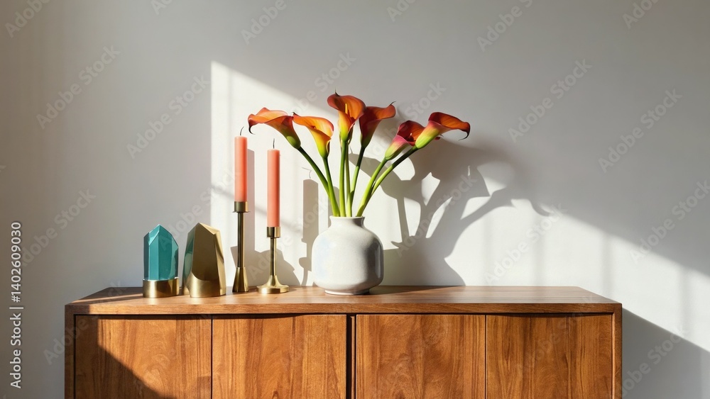 A beautifully arranged bouquet of flowers in a clear vase on top of a wooden cabinet. The sunlight coming through the window creates interesting shadows and enhances the colorfulness of the flowers.