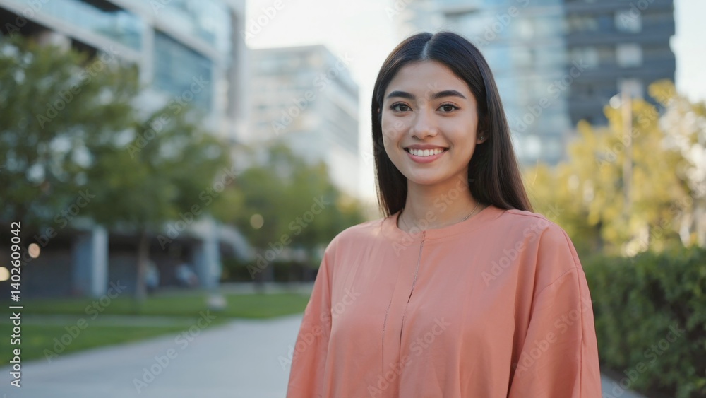 Student with a radiant smile at an educational institution.