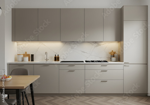 Sleek minimalist kitchen with matte cabinets, quartz tops, and marble backsplash